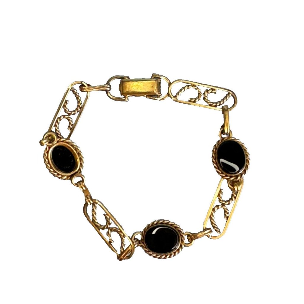 Vintage Van Dell 14k Gf Yellow Gold Filigree Jet Black Onyx Link Bracelet 7 1/2